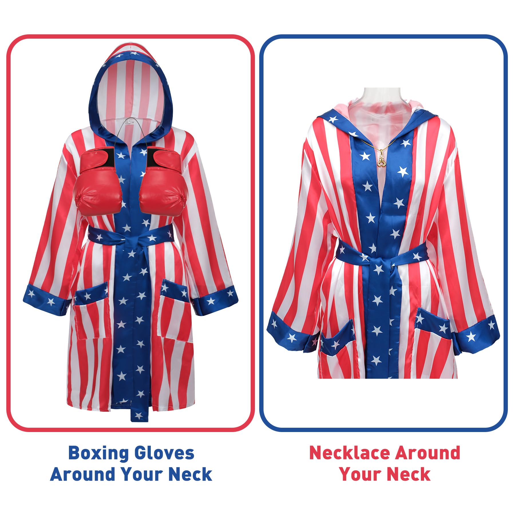 Regenboog American Flag Boxing Costume Men and Women,Rocky Balboa Costume Adult,Satin Boxer Robe Shorts Belt,Boxing Gloves - Image 3