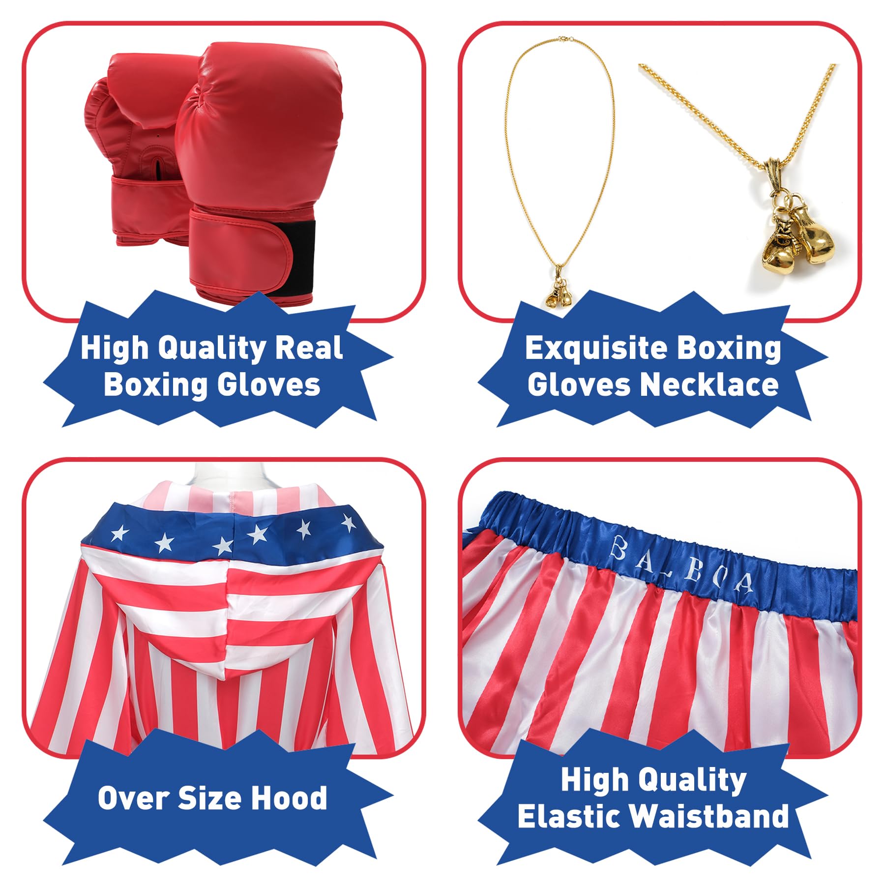 Regenboog American Flag Boxing Costume Men and Women,Rocky Balboa Costume Adult,Satin Boxer Robe Shorts Belt,Boxing Gloves - Image 4