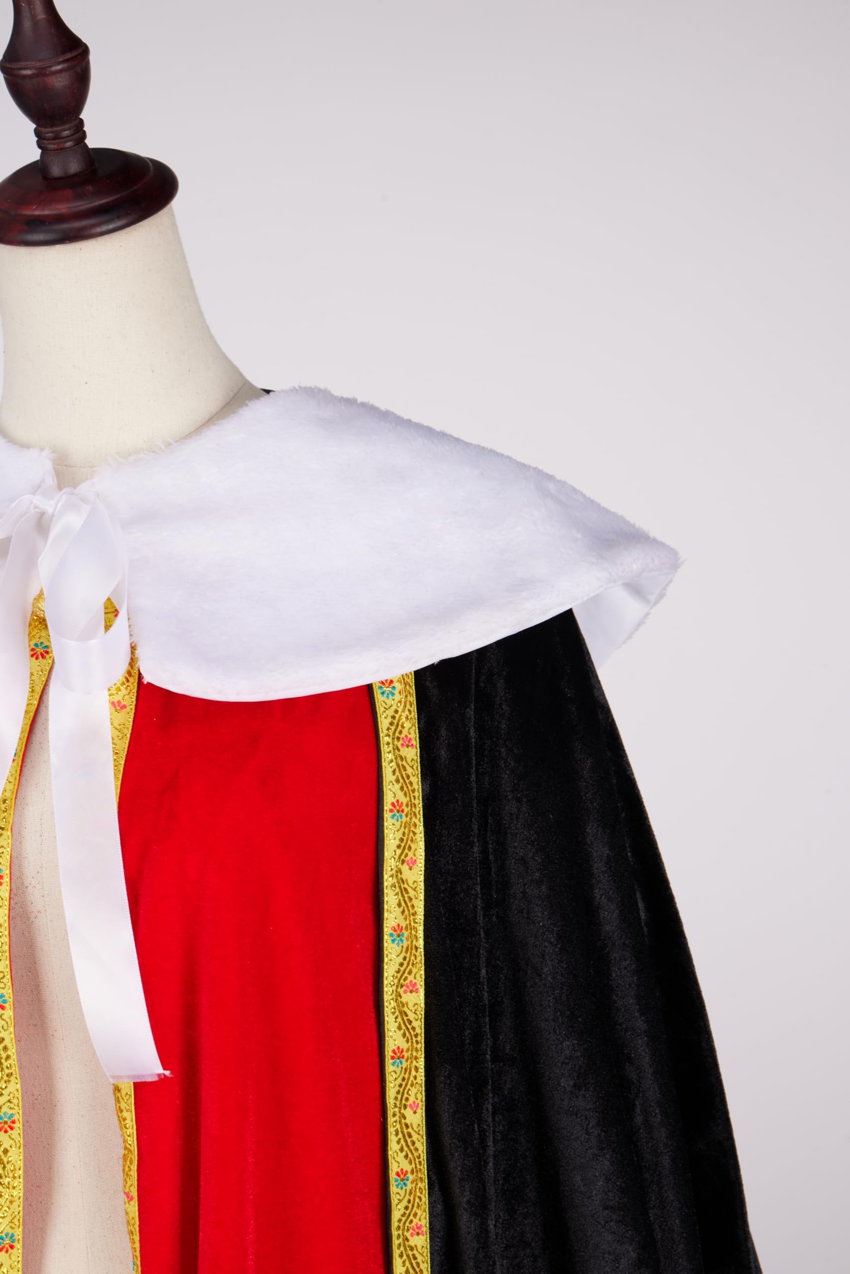 Regenboog King Cape for Man, Queen for Women - Adult Medieval With White Fur Collar Gold Border, Black Red Fake Two Pieces - Image 7