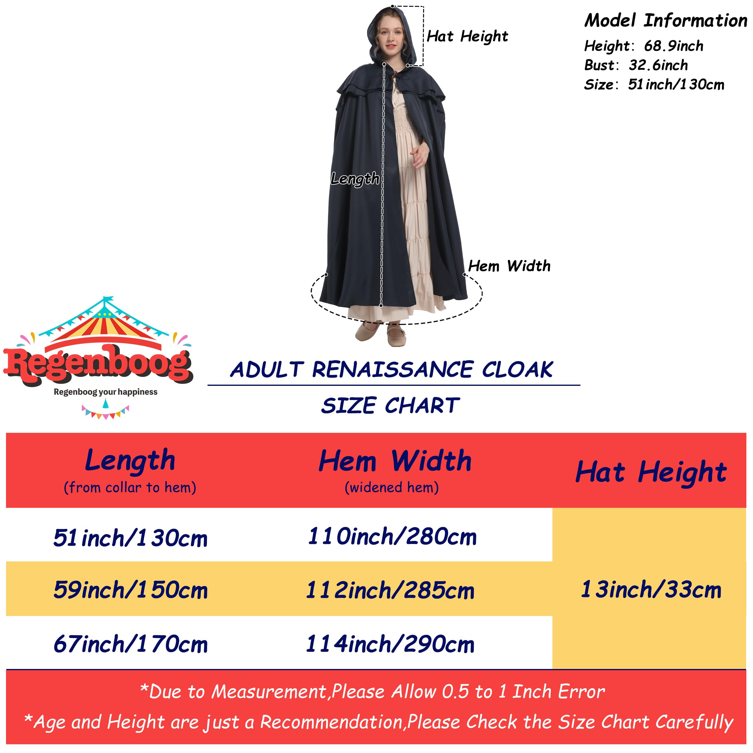 Regenboog Renaissance Hooded Cloak for Women Men, Adult Medieval Cape with Hood, Viking Cloak - Image 5